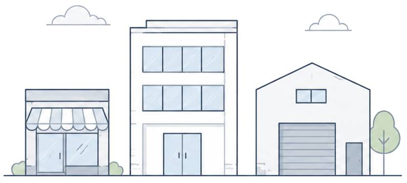 Illustration de bâtiments d'immobilier professionnel : commerce, bureaux et entrepôt